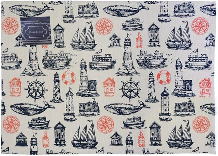 Set of 4, Coastal Nautical Elements Lighthouse, Boat, Ship Wheel, Fish Tapestry Placemats for Kitchen Dining Table Mats, Easy to Clean, Machine Washable. Size: 13" x 19".