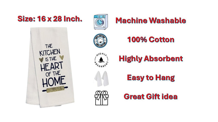 Set of 2, 100% Cotton White Printed Flour Sack Kitchen Towels The Kitchen is the Heart of the Home for Home Decor, Housewarming 16 X 28 Inch.