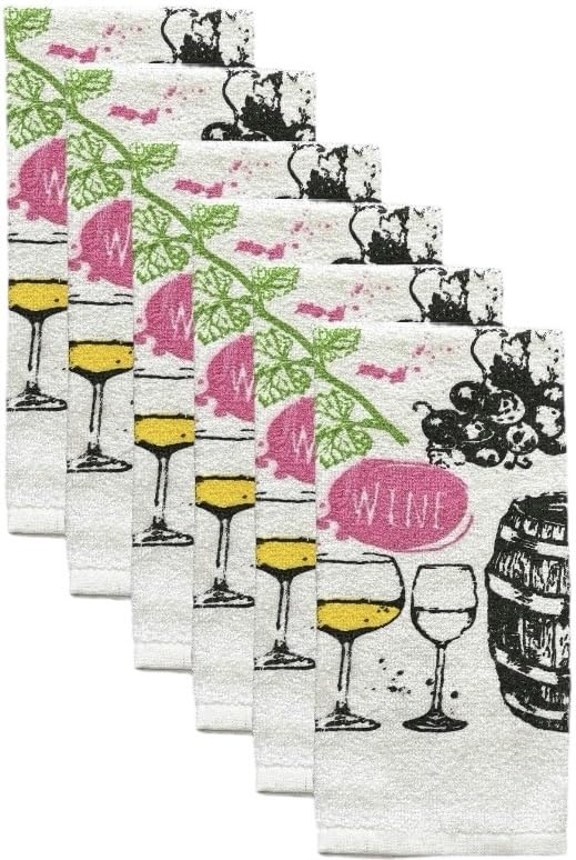 Set of 6, Wine, Wine Glass, Grape and Barrel Design Printed Cotton Kitchen Towels Highly Absorbent and Soaking up Water Quickly Size: 15 x 25 inch.