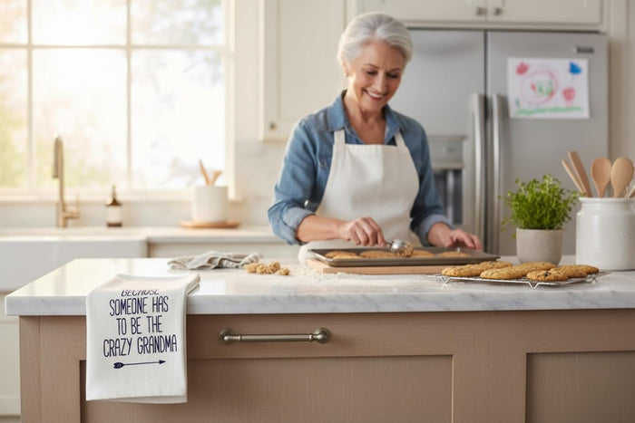 Set of 2, 100% Cotton White Printed Flour Sack Kitchen Towels Because Someone has to be the Crazy Grandma for Home Decor, Housewarming 16 X 28 Inch.