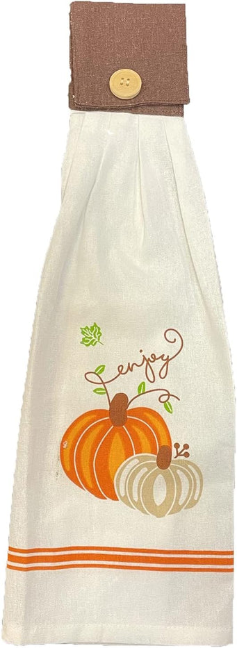 Set of 4, Halloween / Fall Tie Kitchen Towels 100% Cotton, "Pumpkin", "Pumpkin Spice & Everything Nice", "Truck with Sunflower - Happy Fall", "Happy fall y'all" on White Linen Size: 16" x 18" x 3.5".