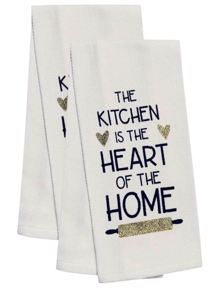 Set of 2, 100% Cotton White Printed Flour Sack Kitchen Towels The Kitchen is the Heart of the Home for Home Decor, Housewarming 16 X 28 Inch.