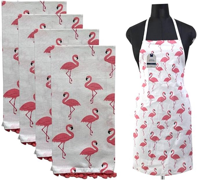 Set of 5, 100% Cotton Flamingo Theme 4 pom-pom Kitchen Towels Size: 16 x 28 Inch Plus Matching Apron Size: 19 x 30 Inch for Wedding, Baby Shower, Home Décor.