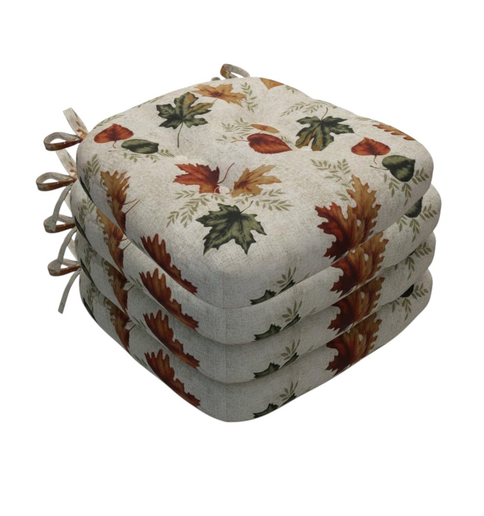 Thick Reversible Fall Leaves Design Kitchen Chair Pads for Dining Chair, Set of 4, Soft and Comfortable Seat Cushions with Ties to be Secured to a Chair.