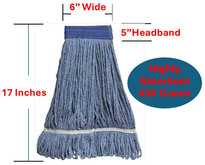 6 Pack, 450 Grams Wet Mop Replacement, 4-Ply Synthetic Yarn Heavy Duty Looped End String Mop Head, 5-Inch-Wide Headband for Home, Industrial, and Commercial Use. (Blue, 450 Grams) (Copy)