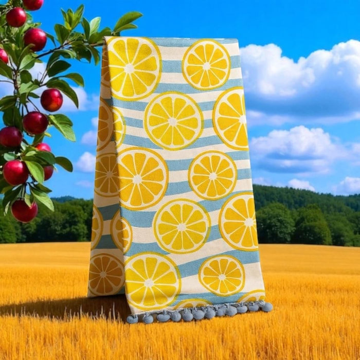 Set of 4, 100% Cotton Lemon Design pom-pom Kitchen Towels Size: 16 x 28 inches for Wedding, Baby Shower, Home Décor.