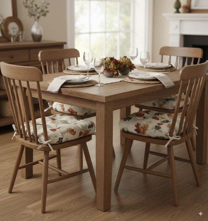 Thick Reversible Fall Leaves Design Kitchen Chair Pads for Dining Chair, Set of 4, Soft and Comfortable Seat Cushions with Ties to be Secured to a Chair.