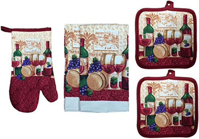 100% Cotton Printed Kitchen Linen Set of 5, Includes 2 Kitchen Towels, 2 Potholder, 1 Oven mitt Kitchen Décor for Cooking, Baking, Barbecue