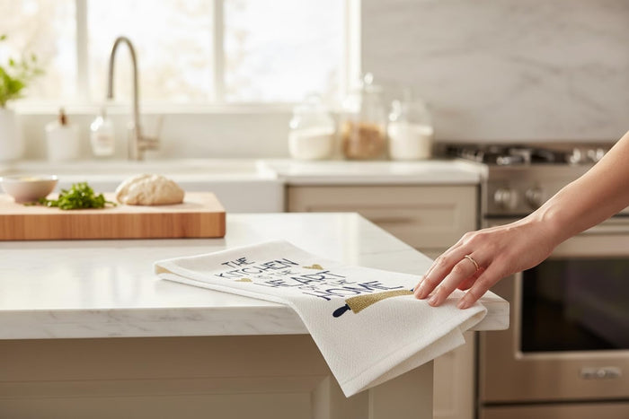 Set of 2, 100% Cotton White Printed Flour Sack Kitchen Towels The Kitchen is the Heart of the Home for Home Decor, Housewarming 16 X 28 Inch.