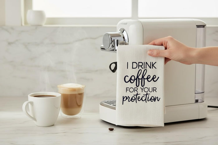 Set of 2, 100% Cotton White Printed Flour Sack Kitchen Towels I Drink Coffee for Your Protection for Home Decor, Housewarming 16 X 28 Inch.