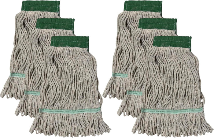 Wet Mop Heads Replacement: 6 Pack, Cotton Blended Commercial Heavy Duty Looped End String Mop Head, 5-Inch Wide Red Headband for Home, Industrial, and Commercial Use.