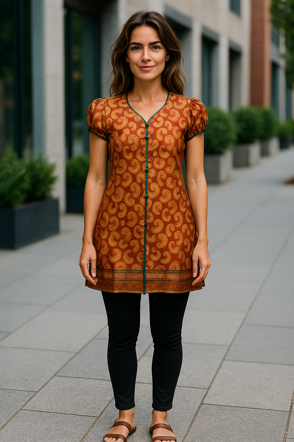 Tunic for Women Paisley Floral Design, Ballon Short Sleeves, V-Neck Piping with&nbsp;Button, Kurti, Top.