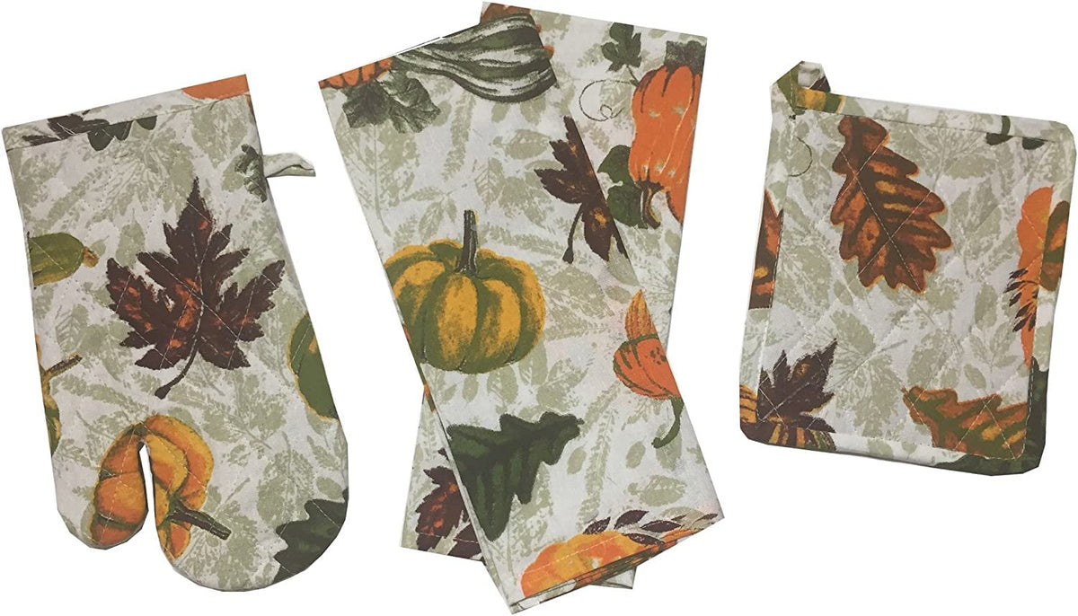 Pumpkin, Fall Leaf Design Halloween/Thanksgiving Kitchen Towel Set of 4, 2 Kitchen Towels, Pot Holder & Oven Mitt.