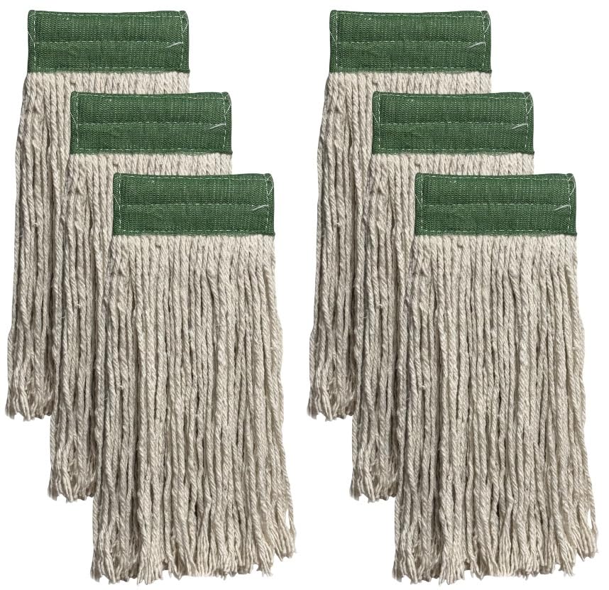 Wet Mop Heads Replacement: 6 Pack, Cotton Blended Natural Yarn, Heavy Duty Cut-end String Mop 5-inch Wide Headband for Home, Industrial, and Commercial Use.