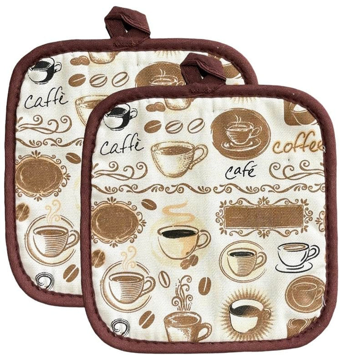 Coffee Design 100% Cotton Printed Kitchen Linen Set of 7, 2 Kitchen Towels, 2 Dish cloths, 2 Pot Holder, 1 Oven mitt, Non Slip, Washable, and Heat Resistant.