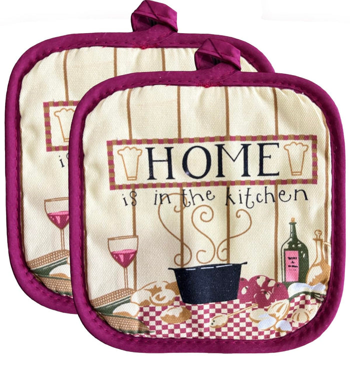 Home is in the Kitchen Design 100% Cotton Printed Kitchen Linen Set of 7, 2 Kitchen Towels, 2 Dish cloths, 2 Pot Holder, 1 Oven mitt, Non Slip, Washable, and Heat Resistant. (Home)