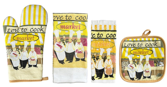 Chef Love to Cook Market Design 100% Cotton Printed Kitchen Linen Set of 7, 2 Kitchen Towels, 2 Dish cloths, 2 Pot Holder, 1 Oven mitt, Non Slip, Washable, and Heat Resistant. (Chef Cook)