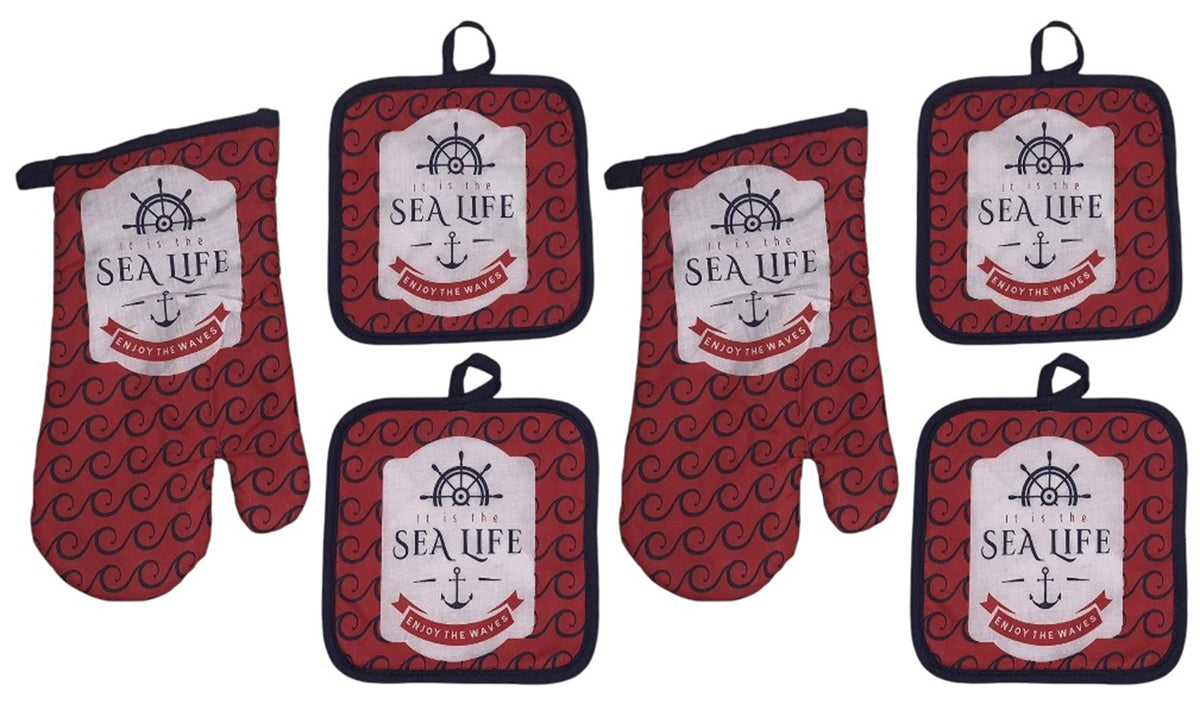 Set of 6, Nautical Coastal Sealife Anchor Wheel Design with It is The sea Life Enjoy The Waves Non-Slip, Heat Resistant Printed Kitchen Towel Set Includes 4 Potholder, 2 Oven Mitt.