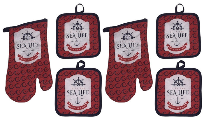 Set of 6, Nautical Coastal Sealife Anchor Wheel Design with It is The sea Life Enjoy The Waves Non-Slip, Heat Resistant Printed Kitchen Towel Set Includes 4 Potholder, 2 Oven Mitt.