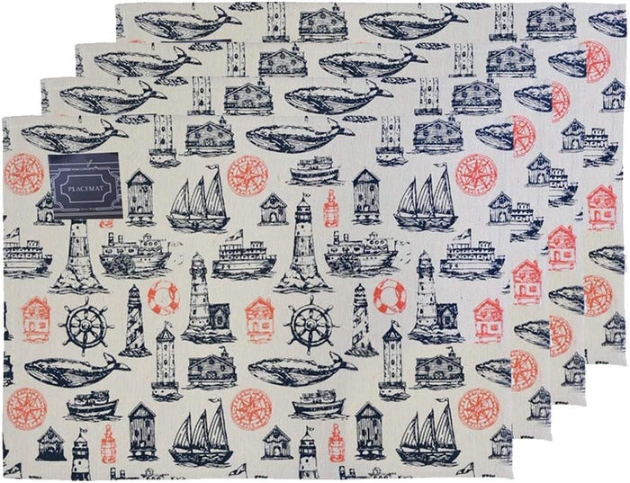 Set of 4, Coastal Nautical Elements Lighthouse, Boat, Ship Wheel, Fish Tapestry Placemats for Kitchen Dining Table Mats, Easy to Clean, Machine Washable. Size: 13" x 19".