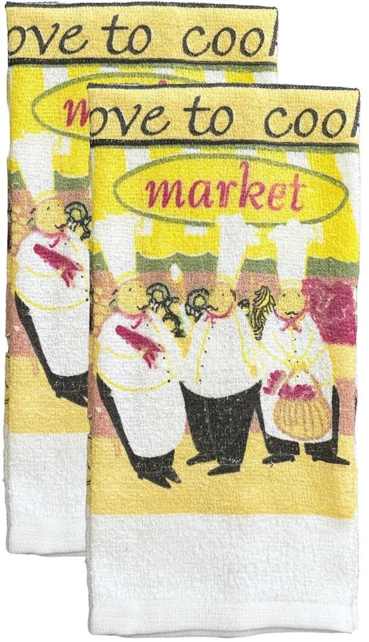 Chef Love to Cook Market Design 100% Cotton Printed Kitchen Linen Set of 7, 2 Kitchen Towels, 2 Dish cloths, 2 Pot Holder, 1 Oven mitt, Non Slip, Washable, and Heat Resistant. (Chef Cook)