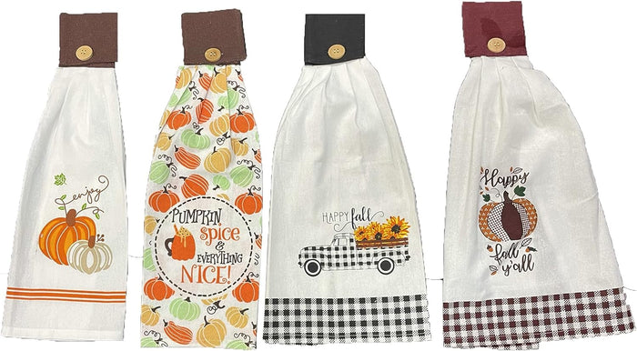 Set of 4, Halloween / Fall Tie Kitchen Towels 100% Cotton, "Pumpkin", "Pumpkin Spice & Everything Nice", "Truck with Sunflower - Happy Fall", "Happy fall y'all" on White Linen Size: 16" x 18" x 3.5".