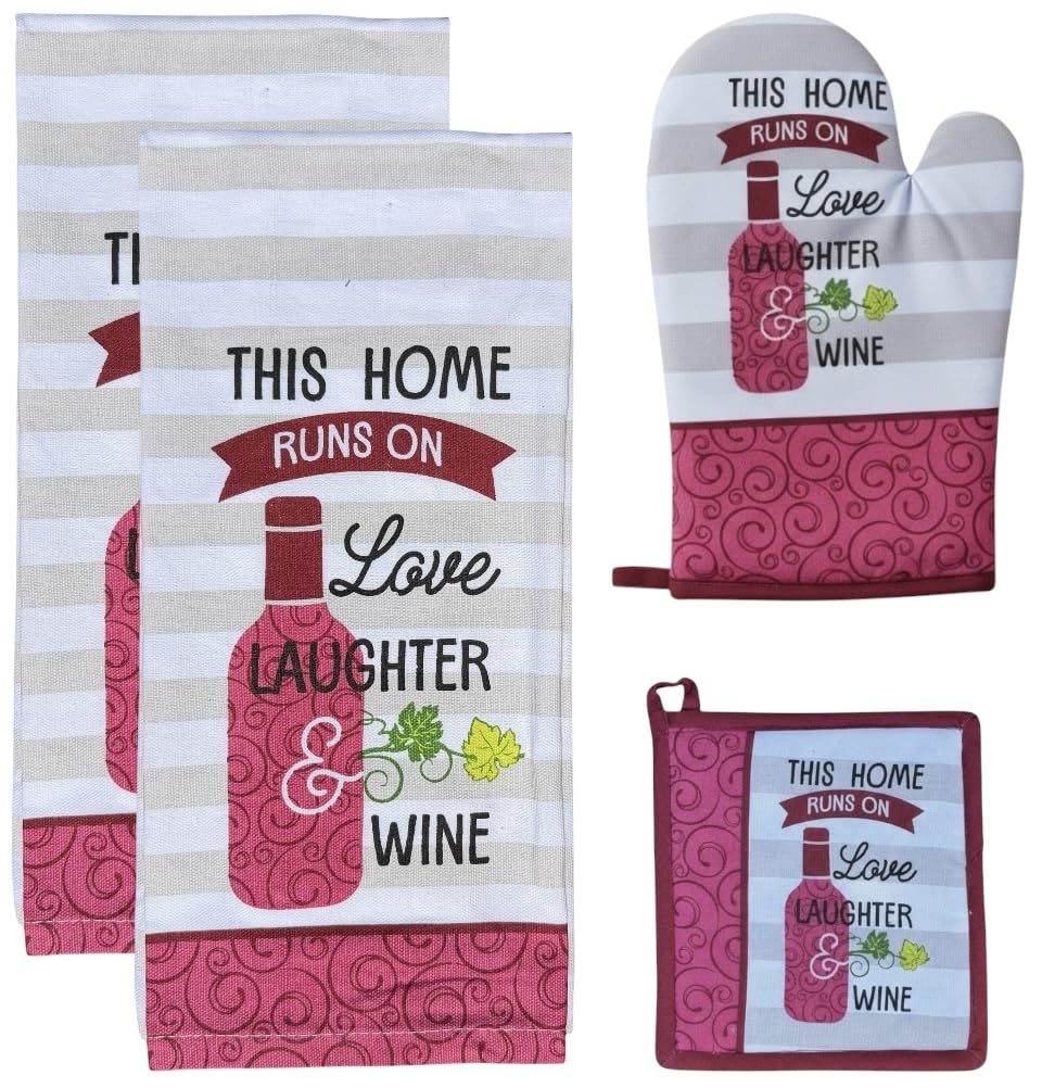 This Home Runs on Love, Laughter & Wine Printed Kitchen Linen Sets Non-Slip, Heat Resistant Set of 4, Includes 2 Kitchen Towels, Potholder & Oven Mitt.