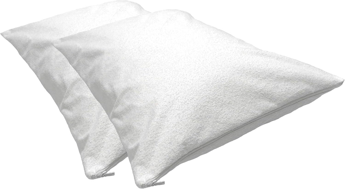 Set of 2 Terry Cotton and Polyester Laminated Allergy Control Zipper Pillow Protector Pillow Encasement. Queen: 20 x 26 Inches.