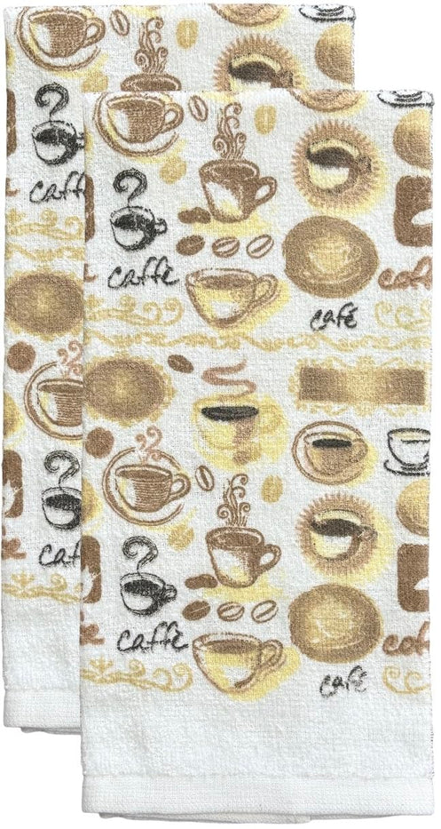 Coffee Design 100% Cotton Printed Kitchen Linen Set of 7, 2 Kitchen Towels, 2 Dish cloths, 2 Pot Holder, 1 Oven mitt, Non Slip, Washable, and Heat Resistant.