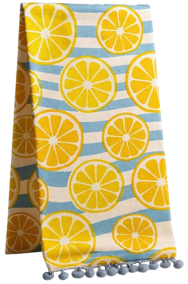 Set of 4, 100% Cotton Lemon Design pom-pom Kitchen Towels Size: 16 x 28 inches for Wedding, Baby Shower, Home Décor.