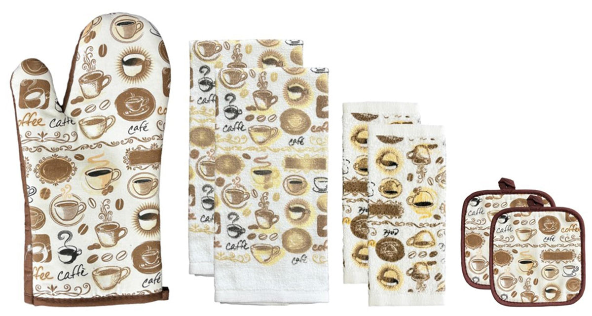 Coffee Design 100% Cotton Printed Kitchen Linen Set of 7, 2 Kitchen Towels, 2 Dish cloths, 2 Pot Holder, 1 Oven mitt, Non Slip, Washable, and Heat Resistant.