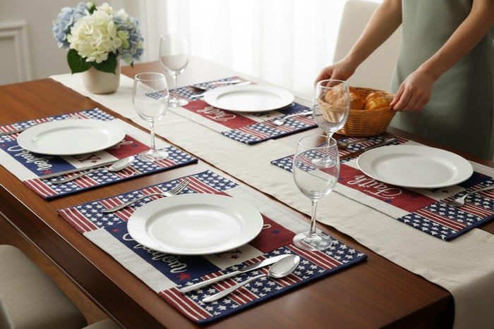Patriotic Stripes with Star, Faith, Family, Freedom Set of 4, Tapestry Placemats for 4th of July, Memorial Day, Independence Day Size: 13 x 19 Inches.