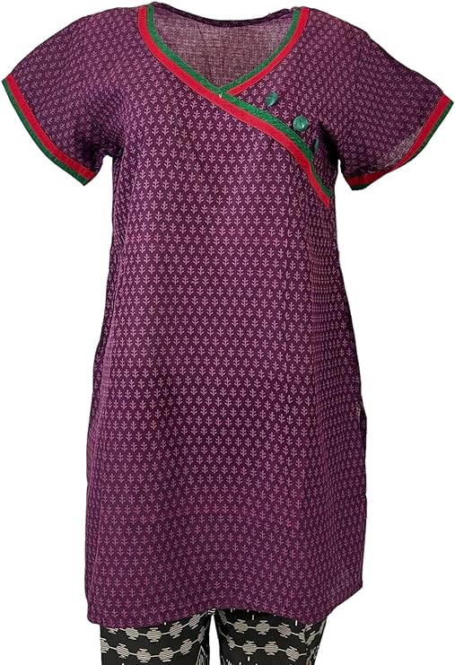 Tunic for Women 100% Cotton Kurti Leaf V-Neck Two Tone Piping with 3 Button Shorts Sleeves Kurta Tunic Top.