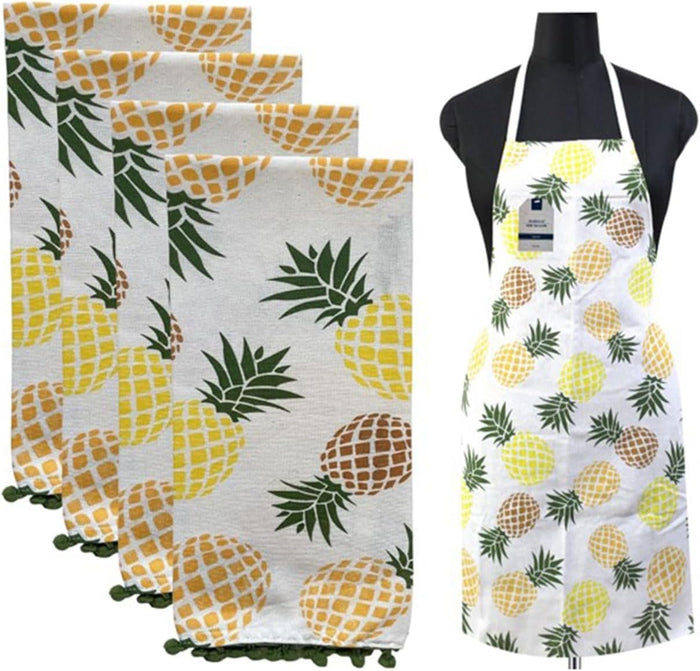 100% Cotton Pineapple Pompom Design Kitchen Towels and matching apron Size: 16 x 28 Inch. Perfect Gift for Wedding, Baby Shower, Home Décor.