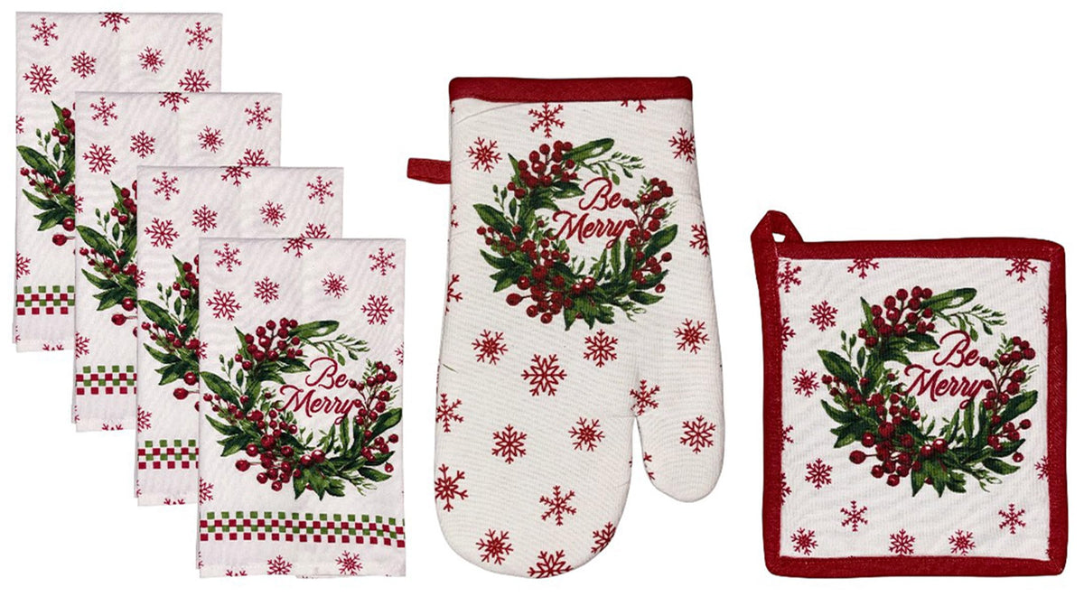 Poinsettia Flower Wreath, Berries, Snowflakes with be Merry, 6 Pack Holiday Season Kitchen Towel Sets, 4 Kitchen Towels, Pot Holder & Oven mitt.