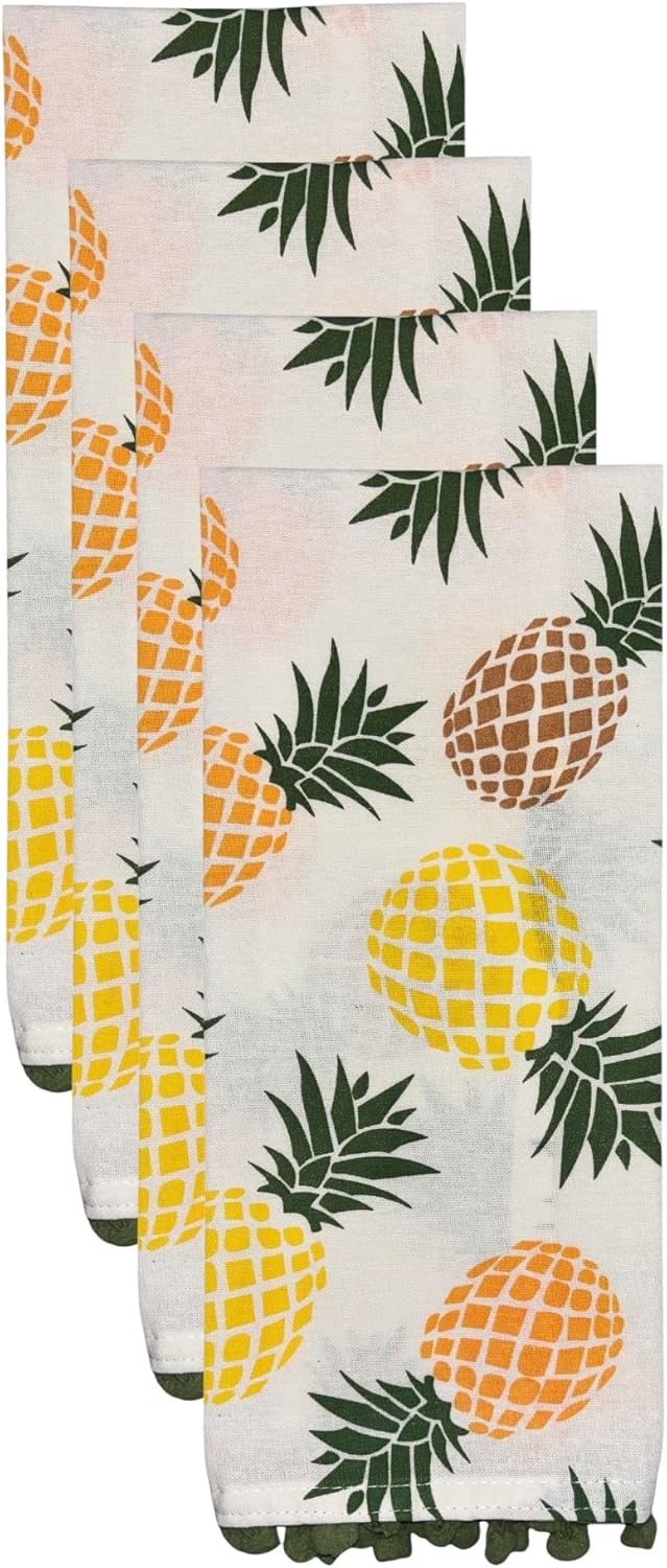 100% Cotton Pineapple Pompom Design Kitchen Towels and matching apron Size: 16 x 28 Inch. Perfect Gift for Wedding, Baby Shower, Home Décor.