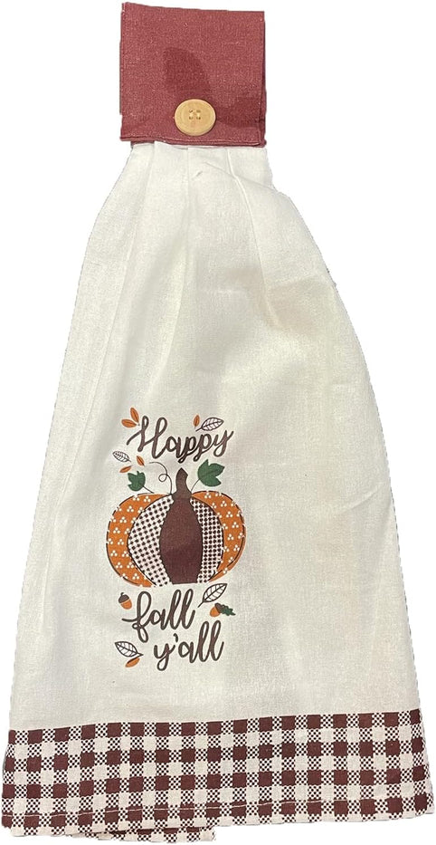 Set of 4, Halloween / Fall Tie Kitchen Towels 100% Cotton, "Pumpkin", "Pumpkin Spice & Everything Nice", "Truck with Sunflower - Happy Fall", "Happy fall y'all" on White Linen Size: 16" x 18" x 3.5".