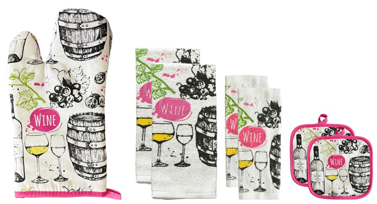 Wine and Barrel Design 100% Cotton Printed Kitchen Linen Set of 7, 2 Kitchen Towels, 2 Dish cloths, 2 Pot Holder, 1 Oven mitt, Non Slip, Washable, and Heat Resistant. (Wine+Barrel)