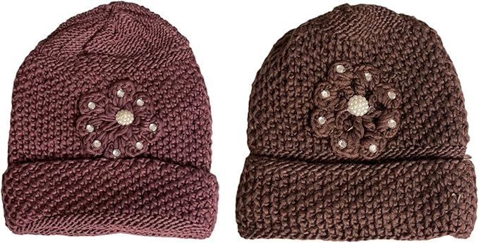 2 Pcs, Womens Wool Knitted Crochet Slouchy Beanie Hat with Flower for Cold Weather Protection.