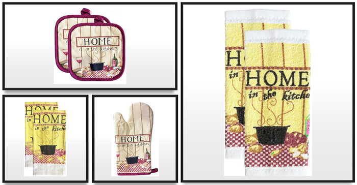 Home is in the Kitchen Design 100% Cotton Printed Kitchen Linen Set of 7, 2 Kitchen Towels, 2 Dish cloths, 2 Pot Holder, 1 Oven mitt, Non Slip, Washable, and Heat Resistant. (Home)