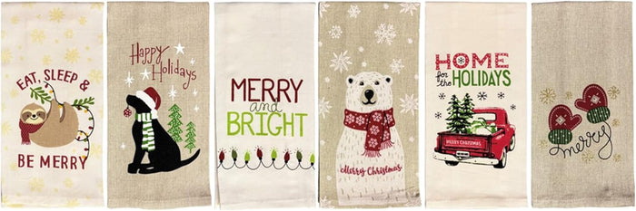 Set of 6, 100% Cotton Assorted Funny Christmas Kitchen Towels with Sentiments on White & Dark Linen Soft and Absorbent Tea Towels / Kitchen Towel Size: 15” x 25".