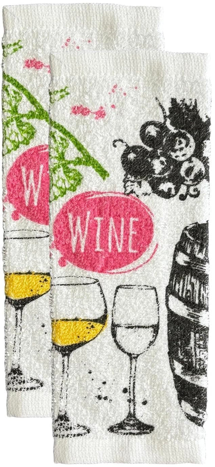 Wine and Barrel Design 100% Cotton Printed Kitchen Linen Set of 7, 2 Kitchen Towels, 2 Dish cloths, 2 Pot Holder, 1 Oven mitt, Non Slip, Washable, and Heat Resistant. (Wine+Barrel)