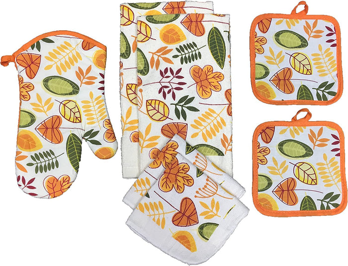 Autumn Fall Leaves 100% Cotton Printed Kitchen Linen Set of 7, 2 Kitchen Towels, 2 Dish cloths, 2 Pot Holder, 1 Oven mitt, Non Slip, Washable, and Heat Resistant. (Fall Leaves - B)