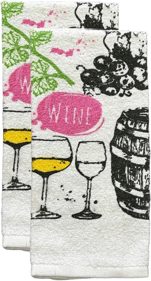 Set of 6, Wine, Wine Glass, Grape and Barrel Design Printed Cotton Kitchen Towels Highly Absorbent and Soaking up Water Quickly Size: 15 x 25 inch.