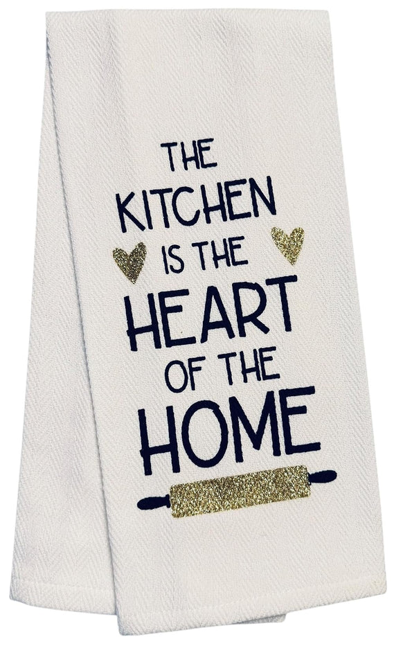 Set of 2, 100% Cotton White Printed Flour Sack Kitchen Towels The Kitchen is the Heart of the Home for Home Decor, Housewarming 16 X 28 Inch.