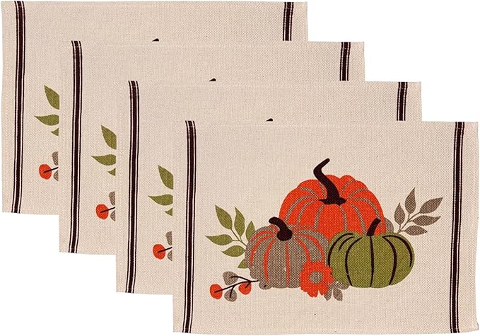 Colorful Pumpkin with Flower, Set of 4, Cotton Placemats for Fall, Thanksgiving Kitchen Dining Table Easy to Clean, Machine Washable, Size: 13” x 19”.
