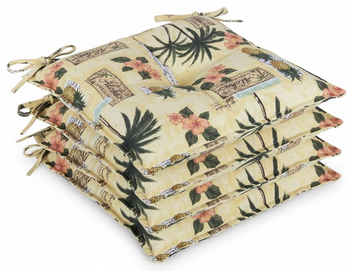 Thick Reversible Tropical Design Kitchen Chair Pads for Dining Chair, Set of 4, Soft and Comfortable Seat Cushions with Ties to be Secured to a Chair. (Tropical)