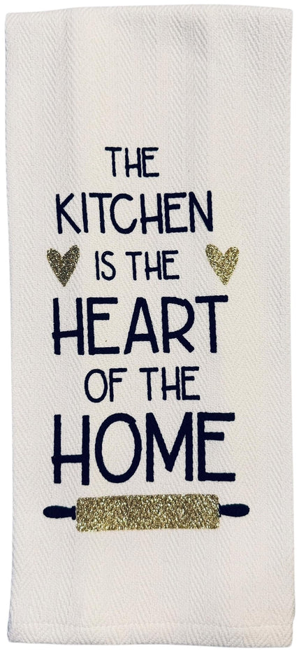 Set of 2, 100% Cotton White Printed Flour Sack Kitchen Towels The Kitchen is the Heart of the Home for Home Decor, Housewarming 16 X 28 Inch.