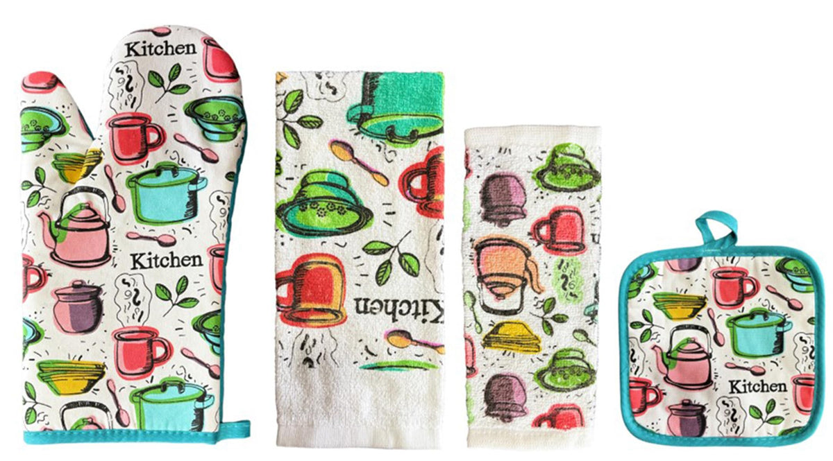 Kitchen Artwork, Canister, Pot, KIttle and More Design 100% Cotton Printed Kitchen Linen Set of 7, 2 Kitchen Towels, 2 Dish cloths, 2 Pot Holder, 1 Oven mitt, Non Slip, Washable, and Heat Resistant.