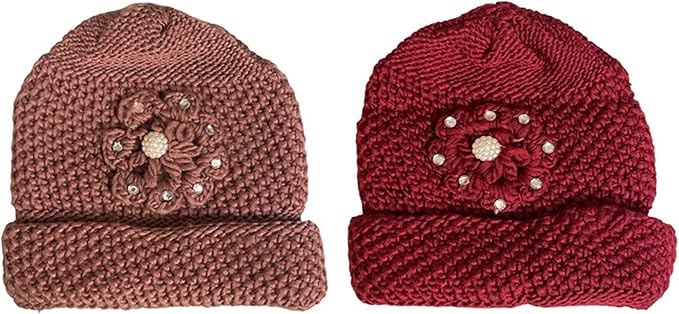 2 Pcs, Womens Wool Knitted Crochet Slouchy Beanie Hat with Flower for Cold Weather Protection.